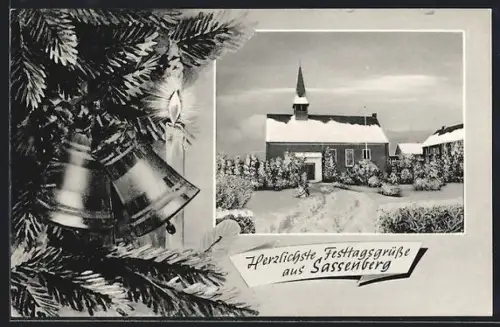 AK Sassenberg, Kirche im Winter, Festtagsgrüsse