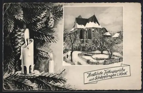 AK Schöppingen i. Westf., Kirche im Winter, Tannenzweige, Kerzen