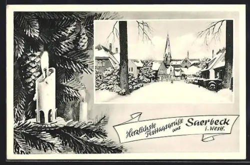 AK Saerbeck i. Westf., Winteransicht mit Kirche und verschneiten Häusern