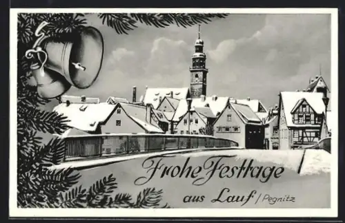 AK Lauf /Pegnitz, Winteransicht der Altstadt, Stadtturm