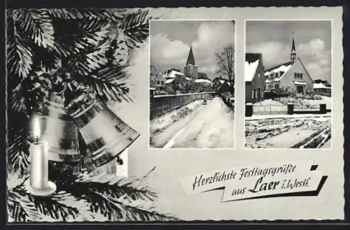 AK Laer i. Westf., Winteransicht mit Kirche und verschneiten Strassen