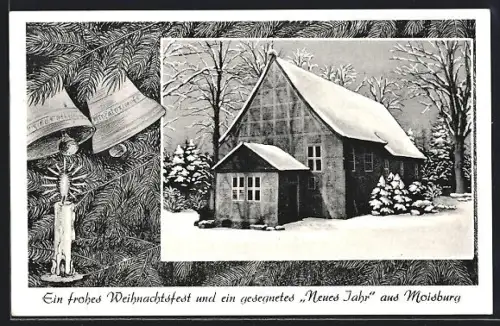 AK Moisburg, Verschneite Kirche, Weihnachtsmotiv mit Glocken und Kerze