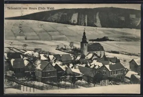 AK Meura /Thür. Wald, Teilansicht, Kirche, verschneite Ortsansicht