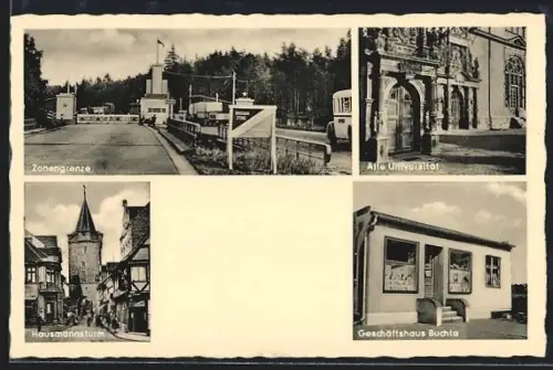 AK Helmstedt, Zonengrenze, Alte Universität, Hausmannsturm, Geschäftshaus Buchta