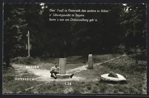 AK Altreichenau, Dreisesselfelsen, Grenzstein Bayern-Österreich-CSR