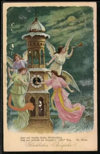 AK Neujahrsengel an der Turmuhr, Neujahrsgruss