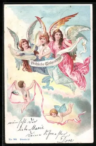 Lithographie Weihnachtsengel mit flatterndem Band in den Lüften