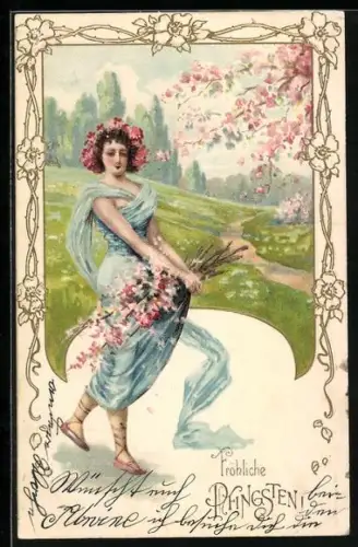 Lithographie Junge Frau mit Blütenzweigen, Pfingstgruss