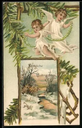 Lithographie Weihnachtsengel auf einer Tanne, Winterliche Flusspartie