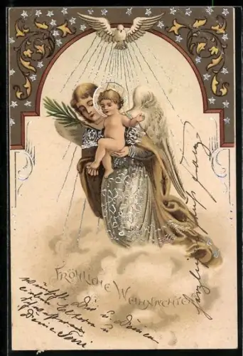 Lithographie Weihnachtsengel mit Jesuskind und Taube