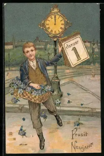 Präge-AK Knabe mit Blumenkorb und Kalender vor einer Uhr, Neujahrsgruss