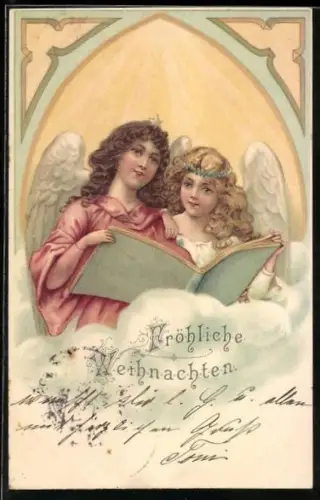 Lithographie Zwei Weihnachtsengel mit einem Buch in den Wolken