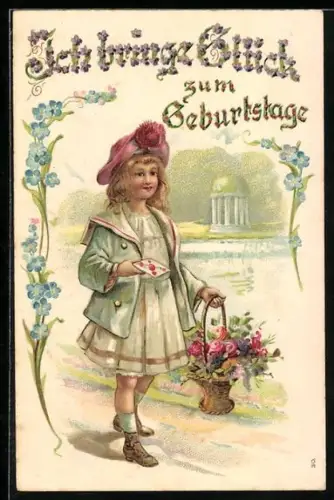 AK Mädchen mit Blumenkorb und Vergissmeinnicht, Ich bringe Glück zum Geburtstage