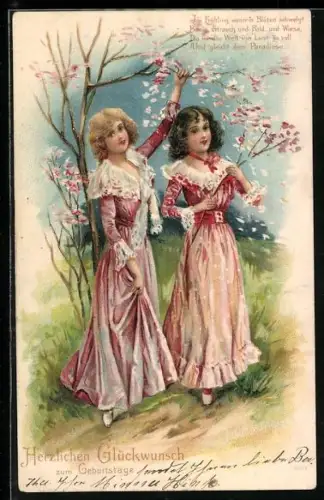 Lithographie Zwei junge Damen pflücken blühende Zweige, Geburtstagsgruss