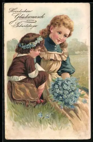 AK Mädchen und Knabe mit Vergissmeinnicht, Geburtstagsgruss