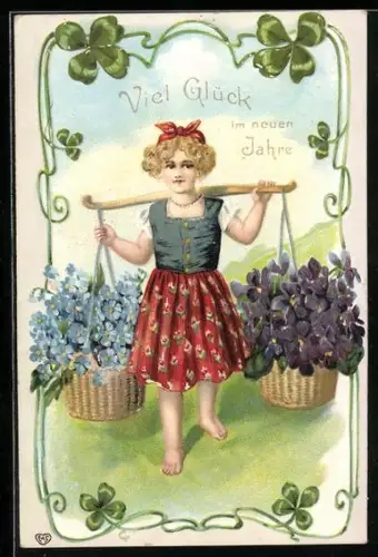 AK Mädchen mit Blumenkörben, Kleeblatt, Neujahrsgruss
