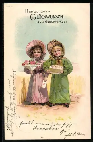 Präge-AK Geburtstagsglückwünsche, Mädchen mit Kuchen und Blumenstrauss