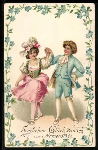 AK Junges Paar beim Tanz, Blumengirlande, Namenstagsgruss