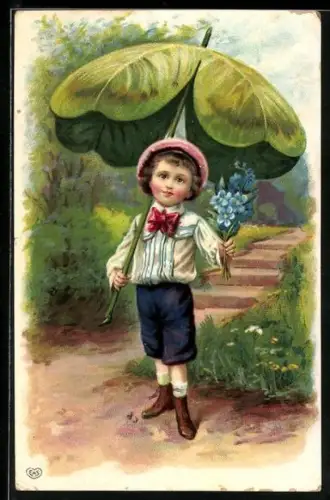 AK Kleiner Junge mit Kleeblatt-Schirm und Vergissmeinnicht