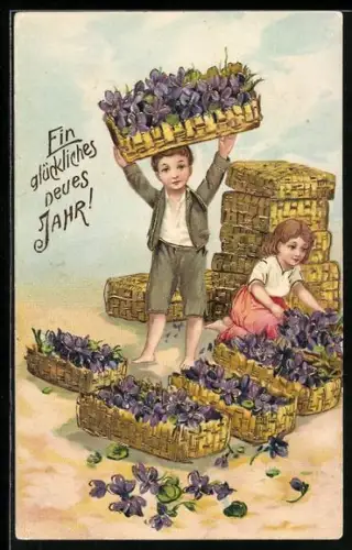 Präge-AK Kleines Paar mit Veilchen in Körben, Neujahrsgruss