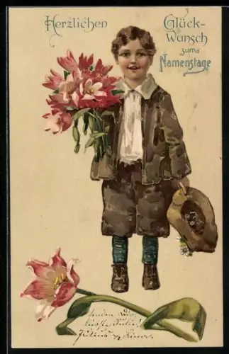 Künstler-AK Junge mit Blumen zum Namenstag