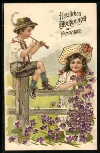 AK Junge in Tracht musiziert, Mädchen pflückt Blumen, Namenstagsgruss