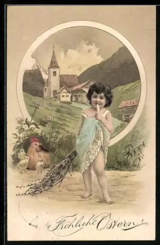 AK Schüchternes Kind und Huhn mit Osterküken, Kirche, Ostergruss