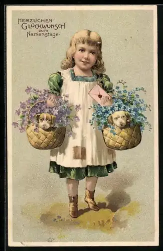 AK Mädchen trägt Körbe mit Blumen und zwei Hundewelpen, Glückwunsch zum Namenstag