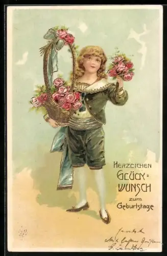 AK Lockiger Knabe mit Rosen, Geburtstagsgruss