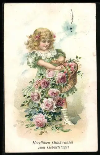 AK Mädchen mit Rosenkorb, Geburtstagsgruss