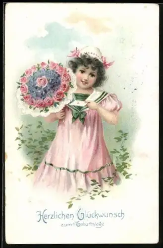Präge-AK Glückwunsch zum Geburtstage, Mädchen mit Blumenstrauss