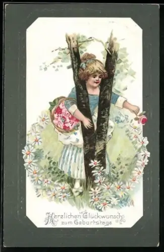AK Mädchen mit Rosenkorb im Margeritenkranz, Geburtstagsgruss