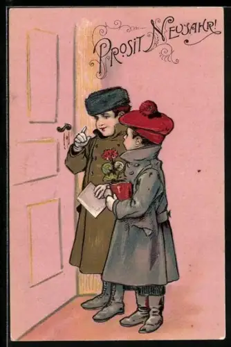 AK Zwei Kinder mit Brief u. Blume vor der Tür, Neujahr