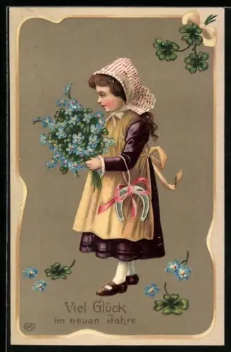 AK Neujahr, Mädchen mit Hufeisen, Blumen und Kleeblättern
