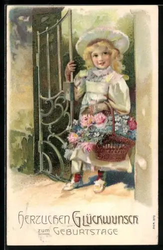 Präge-AK Kleine Gratulantin mit Blumenkorb, Geburtstagsgruss