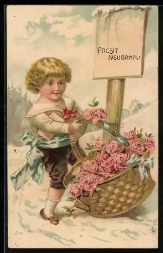 Präge-AK Prosit Neujahr, Junge mit Korb voller Rosen