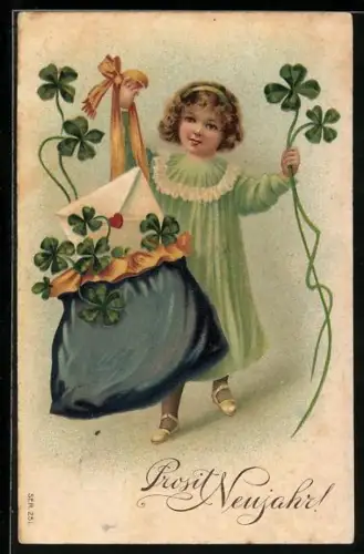 AK Neujahrsgruss, Mädchen hält eine Tasche mit Kleeblättern und Brief in der Hand