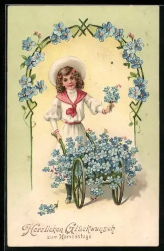 Präge-AK Mädchen mit Vergissmeinnicht, Glückwunsch zum Namenstag