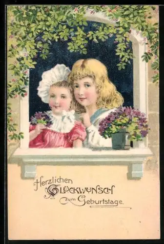 AK Glückwunsch zum Geburtstage, Kinder mit Blumen an Fenster