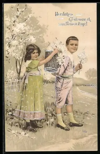 Präge-AK Kinder mit weissem Flieder, Namenstagsgruss