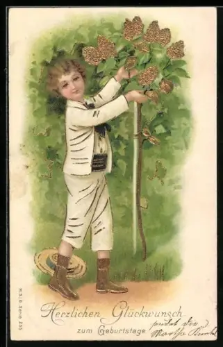 AK Herzlichen Glückwunsch zum Geburtstage, ein Junge pflückt Flieder