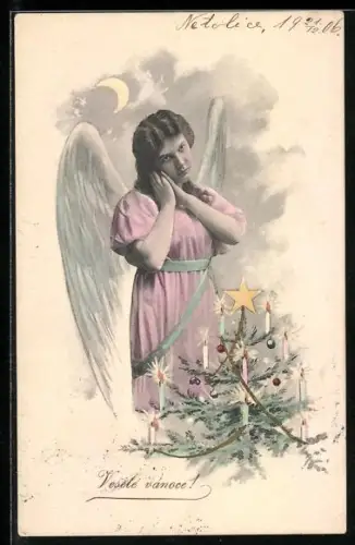 AK Weihnachtsengel und Christbaum, Weihnachtsgruss