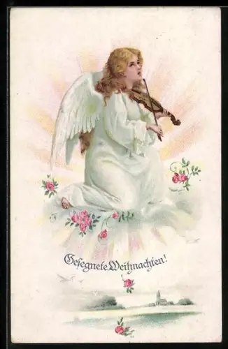 AK Weihnachtsengel spielt Violine, Weihnachtsgruss