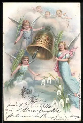 Lithographie Osterengel mit goldener Glocke, Schneeglöckchen, Ostergruss