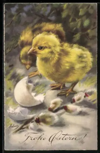 AK Zwei Osterküken mit zerbrochener Schale, Weidenkätzchen, Ostergruss