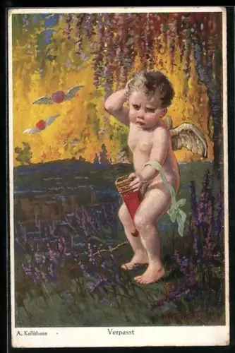 Künstler-AK sign. A. Kallithans: Amor hat seine Ziele verpasst