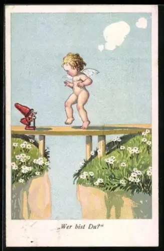 AK Engel betrachtet verdutzt den Zwerg, Wer bist du ?