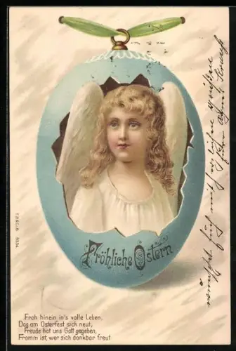 Lithographie Osterengel blickt aus einem Osterei heraus, Fröhliche Ostern!