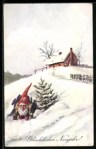 AK Zwerg mit Tannenbaum vor einer Schneehöhle, Neujahrsgruss