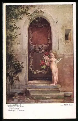 Künstler-AK D. Hock: Amor überbringt Rosen